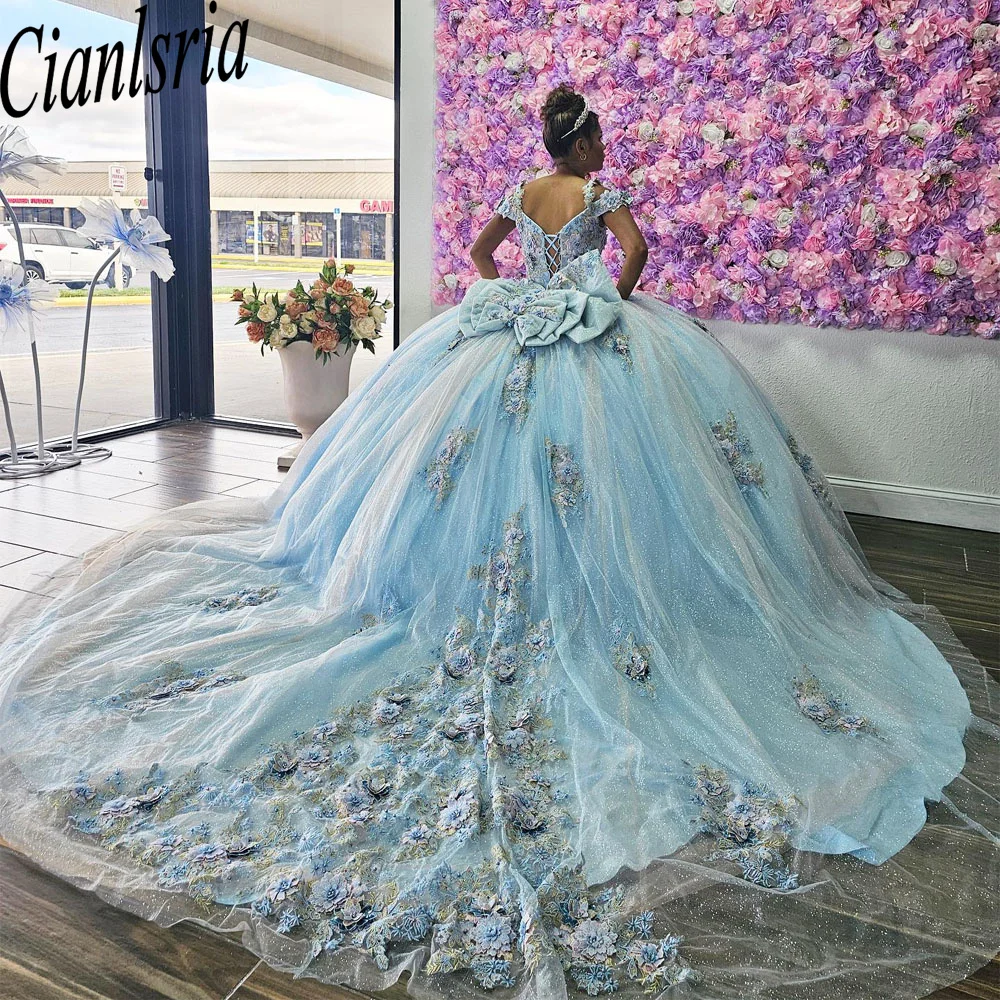 

Sky Blue Quinceanera Dresses Ball Gown Floral Sweet 16 15 Dress Lace Appliques Beading Off Shoulder Vestidos De Fiesta