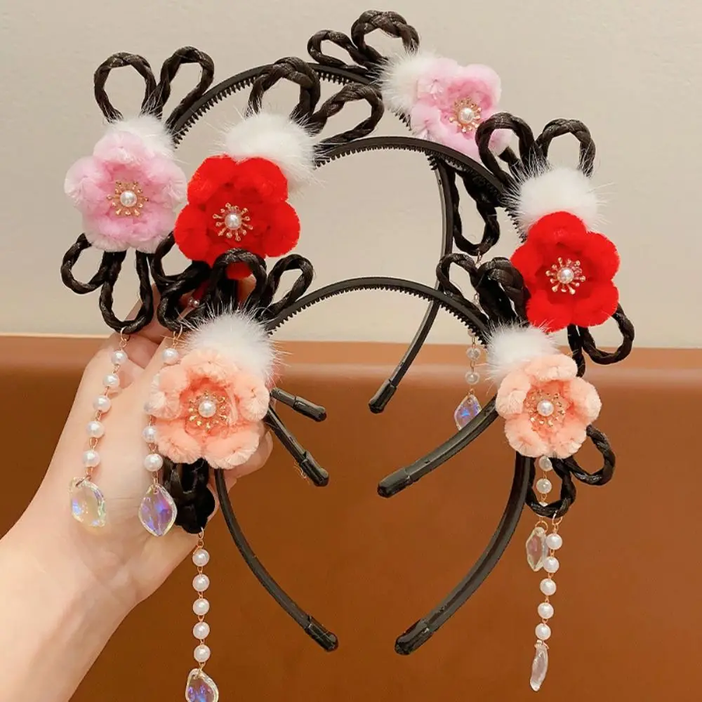 

Flower Children Wig Headband Tassel Braid Hair Chinese New Year Headwear Ancient Headwear Ancient Style Hanfu Hair Sticks Kids