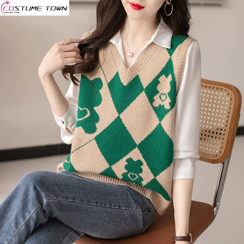 

2023 Vintage Lingge Cartoon Age Reducing Knitted Tank Top Popular Women's Versatile Autumn/Winter Sweater Knitted Tank Top