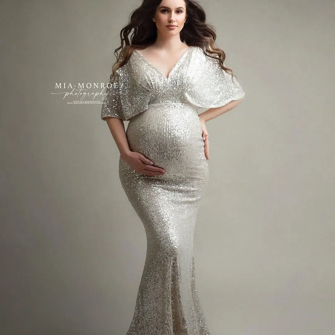 Elegant Silver Sequins Mermaid Maternity Gowns for Photoshoot Sexy V Neck Pregnant Women Dresses Photography Half Sleeves Robes