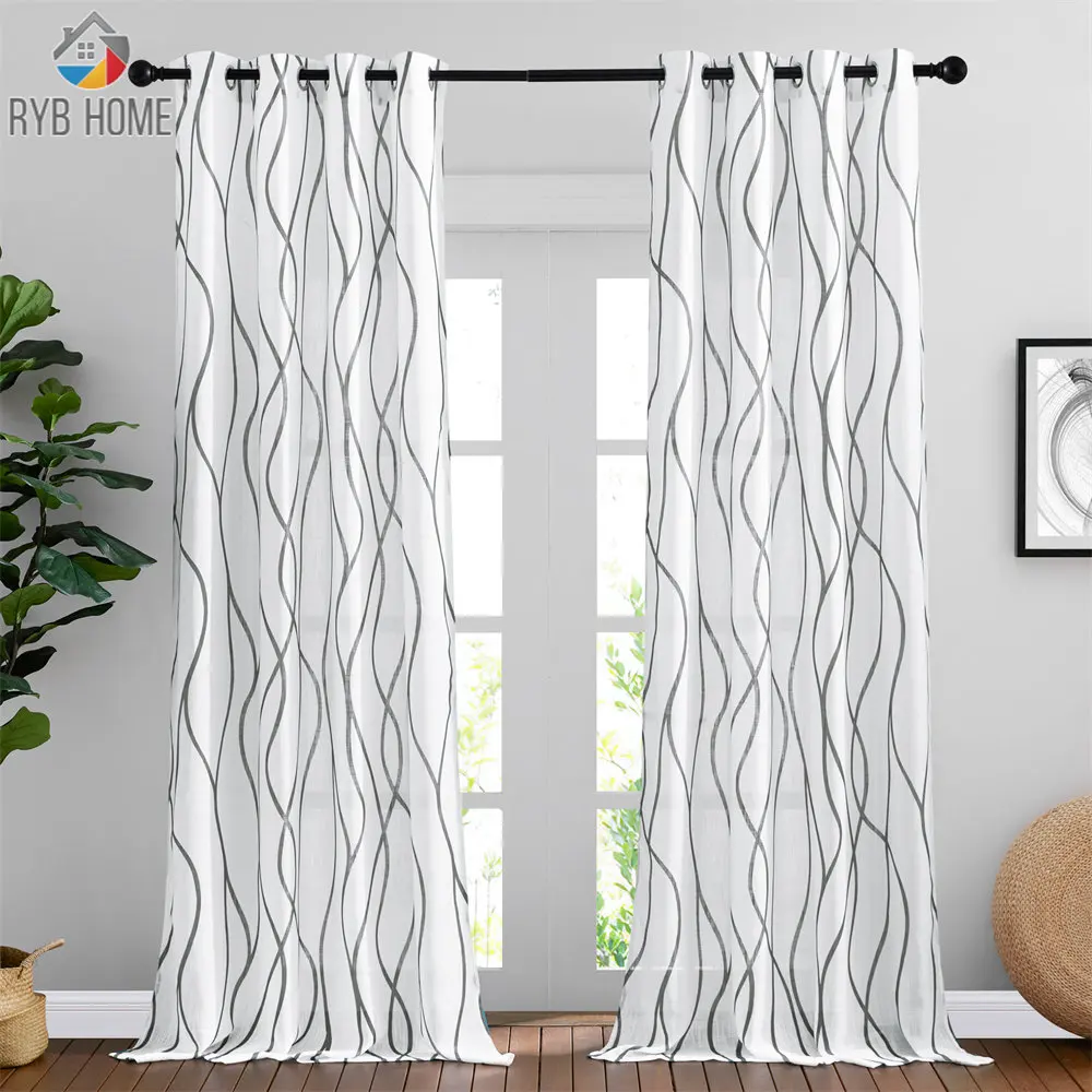Rybhome 2 Colors Decoration Sheer Curtains Geometric Alternation For