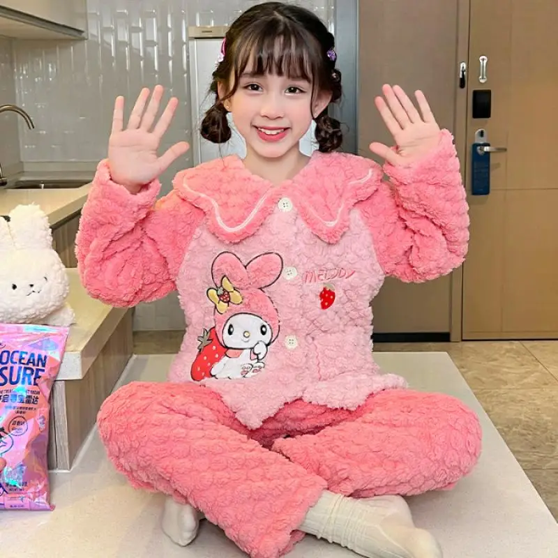 Sanrio Pajamas Kuromi Anime Children Comfortable Coral Cartoon Cute Warm Casual Home Clothing