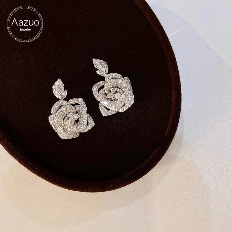 

Aazuo Premium jewelry 18K Solid White Gold Real Diamonds Luxury Rose Flower Jewerly Set Earrings Gift For Women Senior banquet