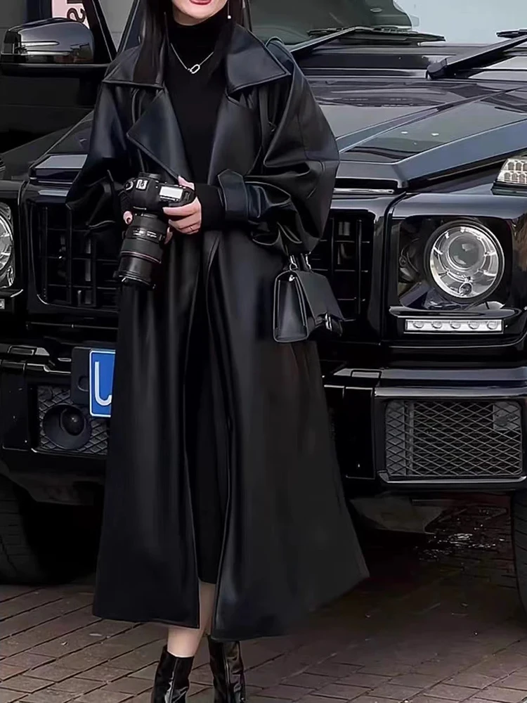 Mauroicardi Spring Autumn Black Long Soft Flowy Pu Leather