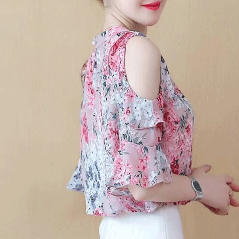 2023 Summer New Fashion Causal Printed Short Sleeve Round Neck Off Shoulder Vintage Simplicity Commute Spliced Ruffles T-shirt