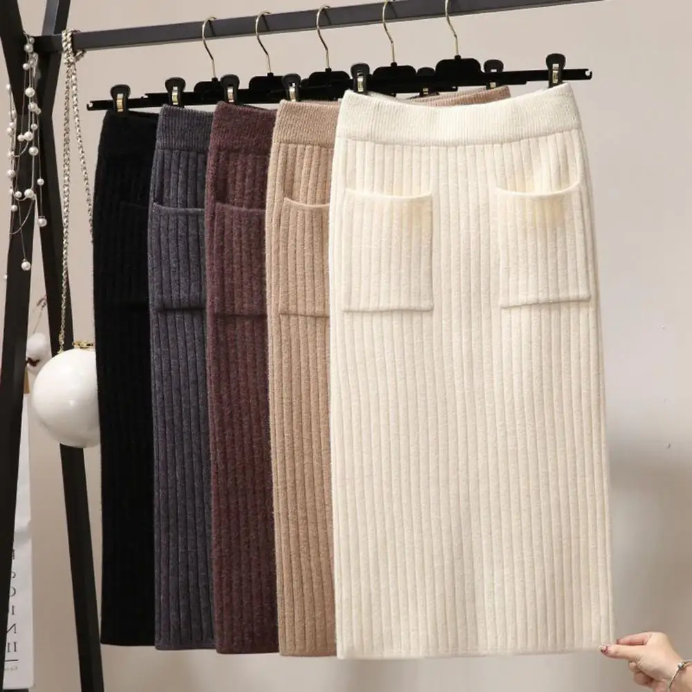 

Autumn Winter Knitted Long Skirt Fashion Women Elastic High Waist Double Pocket A-line Skirt Loose Retro Midi Skirt Streetwear