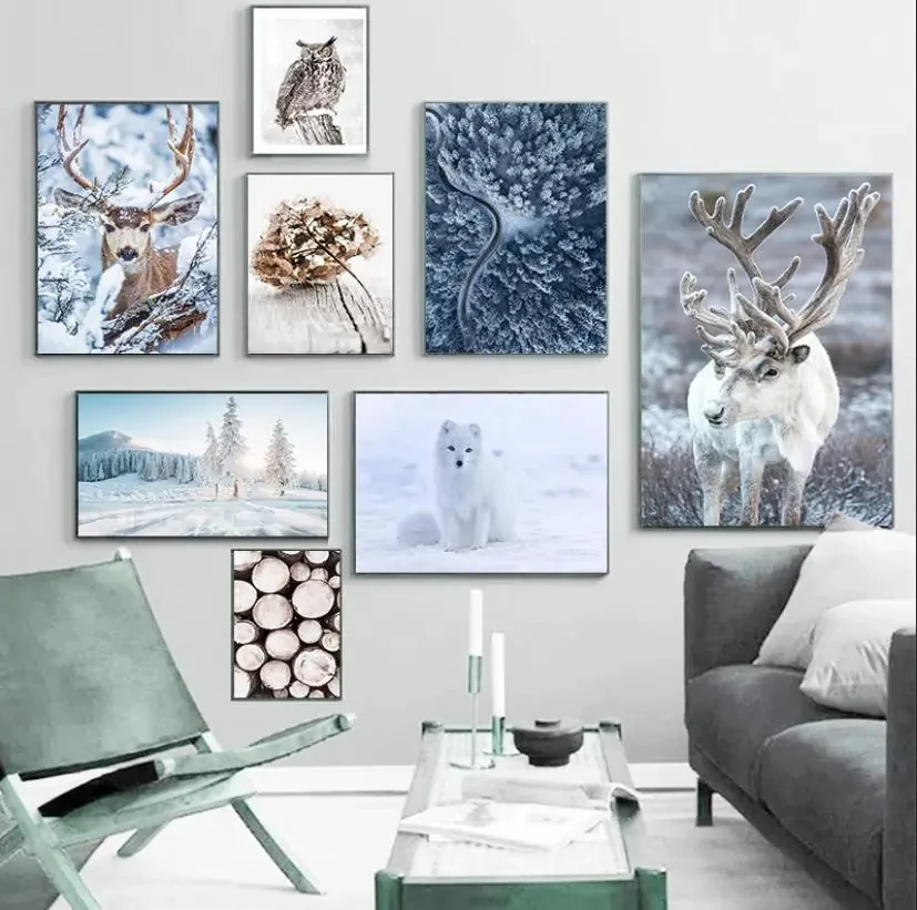 

Deer Forest Flower Lake Snow Owl Landscape Winter Wall Art Canvas Painting Nordic Posters And Prints Wall Pictures Home Decor