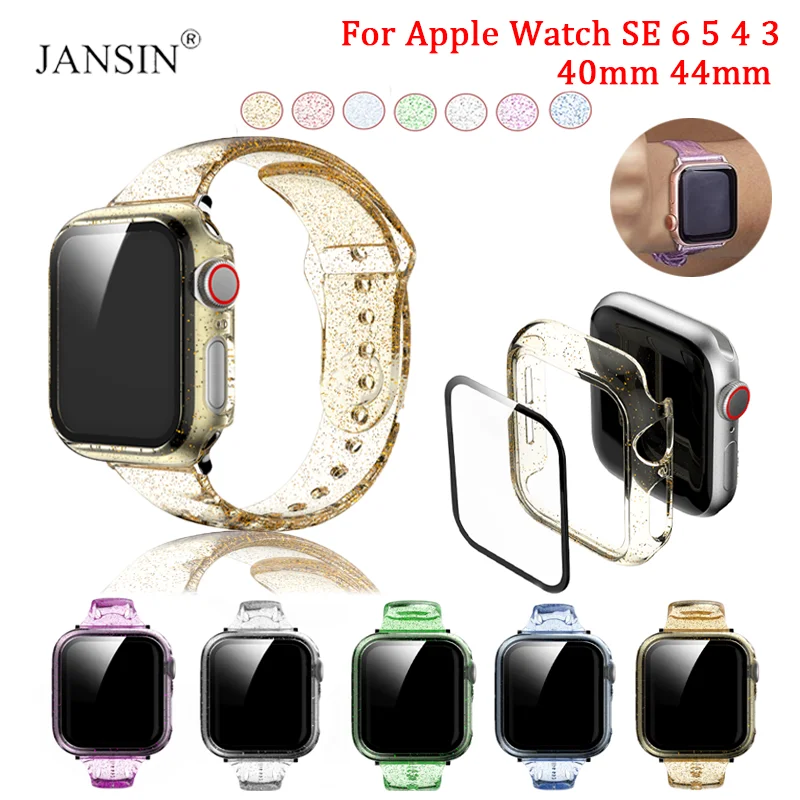 

Glitter Silicone Watchband+Glass Case For Apple Watch SE 6 5 4 40mm 44mm Women Bracelet For iWatch Series 3 2 38mm 42mm Correa