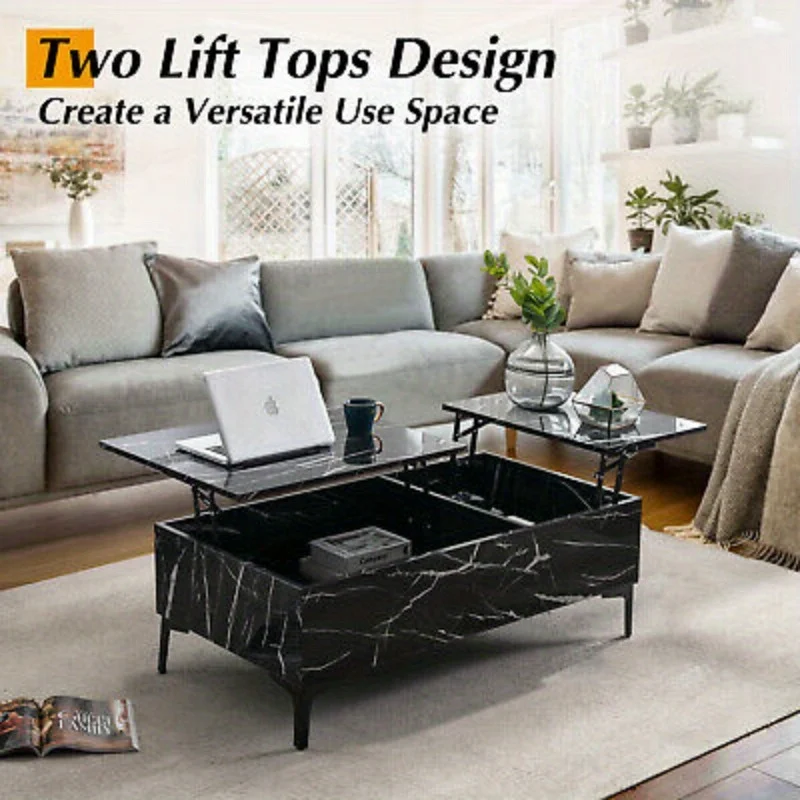 Black 43" High Gloss Lift-Top Coffee Table Marble Veneer w/Storage Living Room