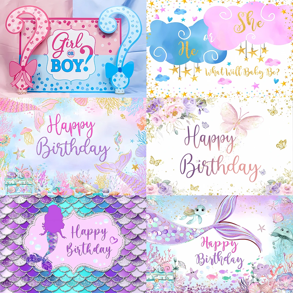 Birthday Backdrop Party Backdrop Curtain Party Decoration Party Supplies Gender Reveal Mermaid Party Banner Butterfly Happy Birthday Decor for Kids Boy Girl Baby Shower