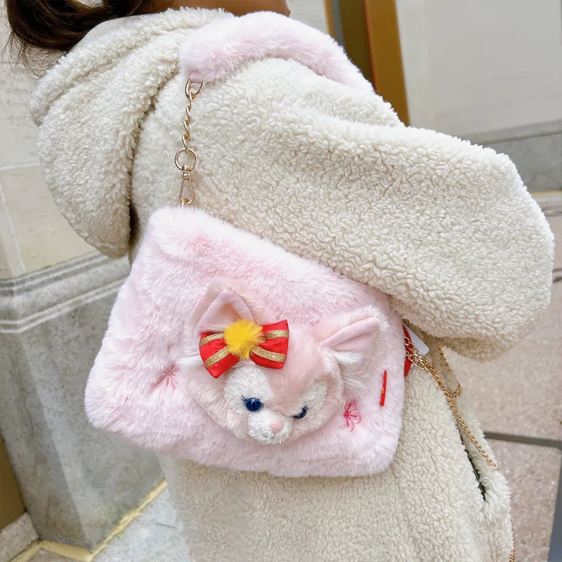 Original Disney LinaBell Plush Women Shoulder Bag Shanghai Disneyland Park Winter Plush Pink Crossbody Zipper Storage Handbag 3