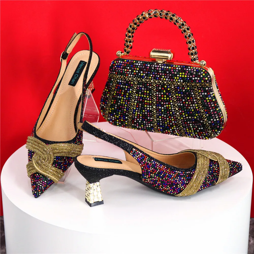 Nigerian ische Frauen Ferse Party Damen italienisches Design lila Schuhe und Tasche Set mit Strass Handtasche Hochzeits feier verziert – Detail 40