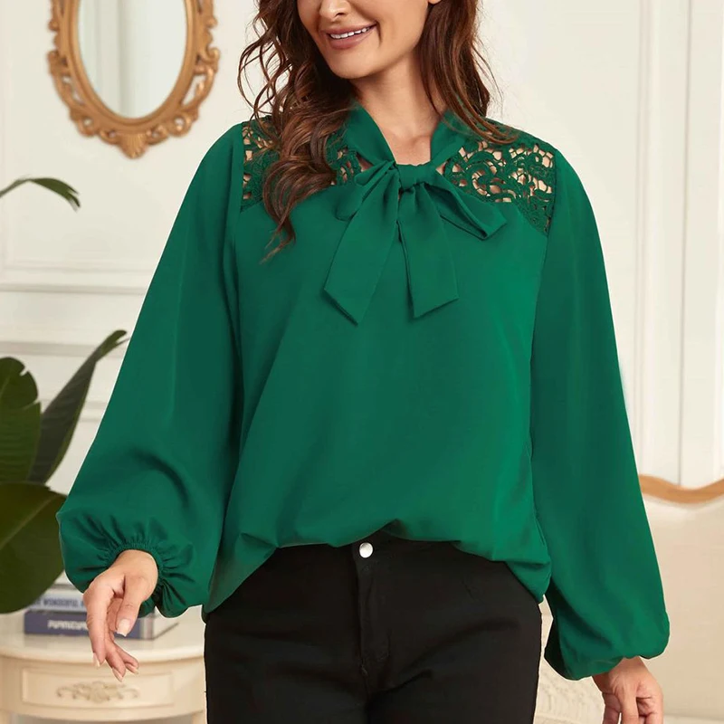 2022 Autumn Winter Fashion Solid Color Plus Size Lace Shirt Women Long Sleeve Temperament Dignified Blouse Female Lady Clothes