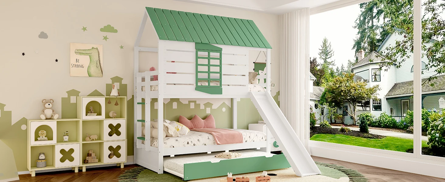 90x200 Hausförmiges Etagenbett mit Rutsche und Ausziehbett, weiß-grünes Kombi-Modell – Detail 17
