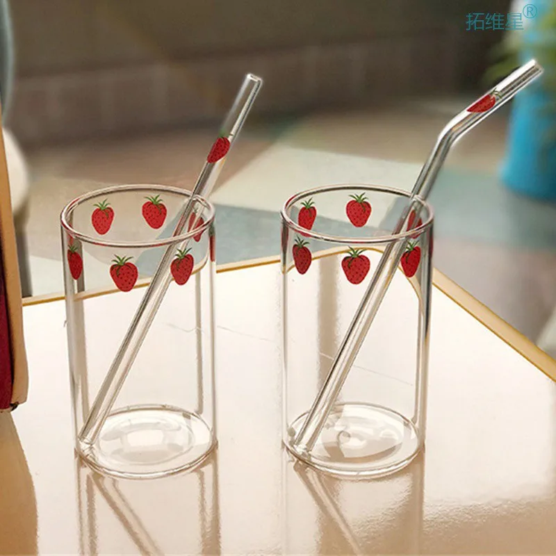 Glass cup strawberry straw set cute kawaii 300ml cup 1pc