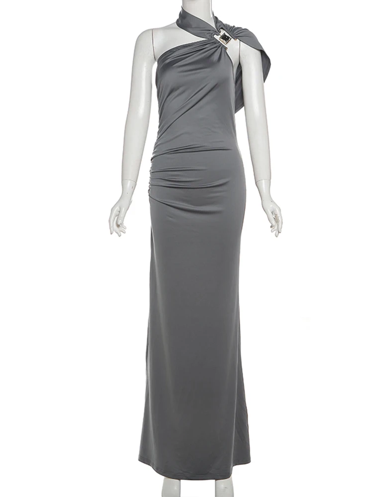 Nibber Temperament Hollow Irregular Dress Women Side Metal Buckle Backless Ruched Sleeveless Skinny Stretch Simple Maxi Bodycon