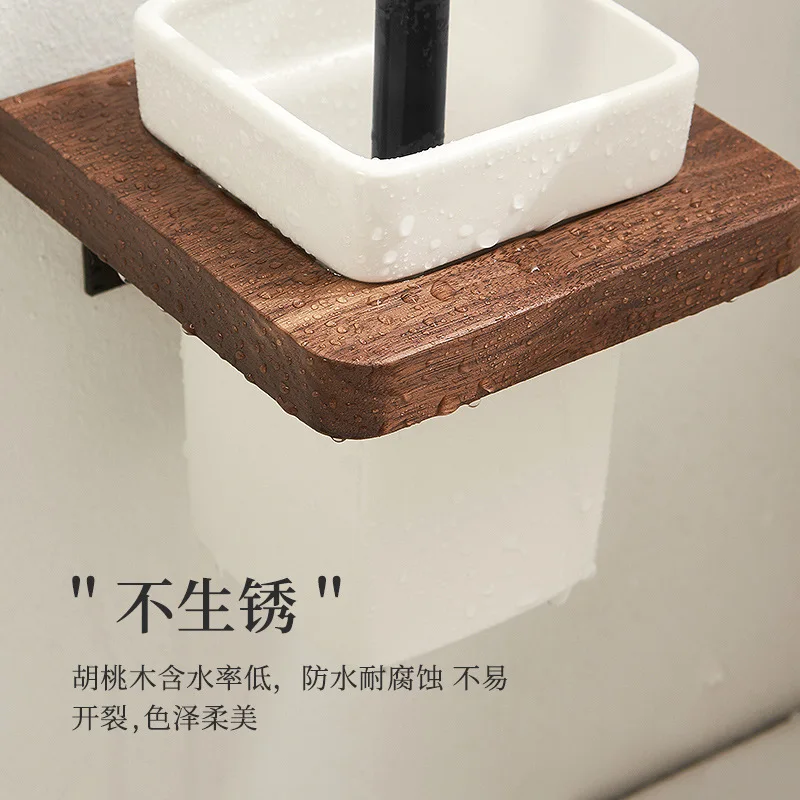 Wooden Brush Household No Dead End Wash Toilet Brush Set Wall Mounted Bathroom No Punching bathroom shelf ，Toilet Brush Holder 2