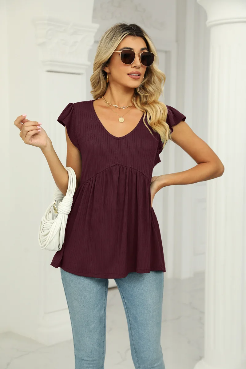 Summer Cute Babydoll Bloues Flare Tunic Loose Peplum Pleated V Neck Short Sleeve Plain Woman Tshirts Knit Rib T Shirt Tees Top