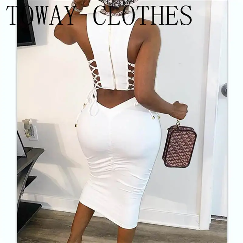 

Women Solid Zipper Design Cut Out Lace-up Hollow Out Dress Bodycon Elegant Fashion Sexy Dress