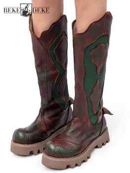 Handmade Mens New High Top Thick Platform Mid Calf Boots Cowhide Genuine Leather Riding Boots Spliced Slip On Vintage Punk Shoes