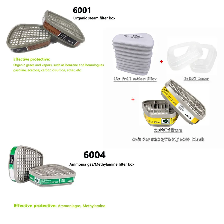 Set complet de demi-masque de protection respiratoire avec cartouches 6001, 6002 et 6004, disposé en éventail.