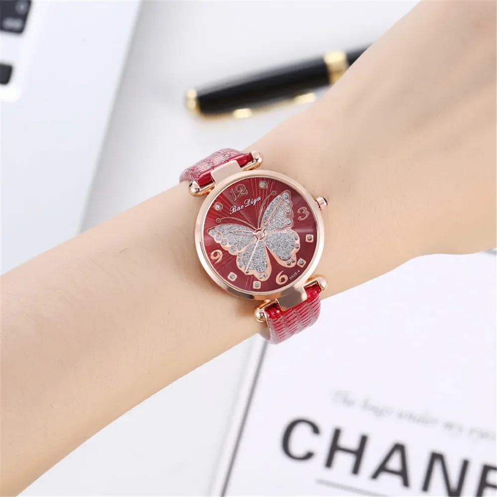 Casual Round Pointer Quartz Watch Cute Rhinestone Butterfly Pattern Dial Analog Dress Watch, Gift For Women Girls 2
