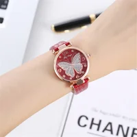 Casual Round Pointer Quartz Watch Cute Rhinestone Butterfly Pattern Dial Analog Dress Watch, Gift For Women Girls 2