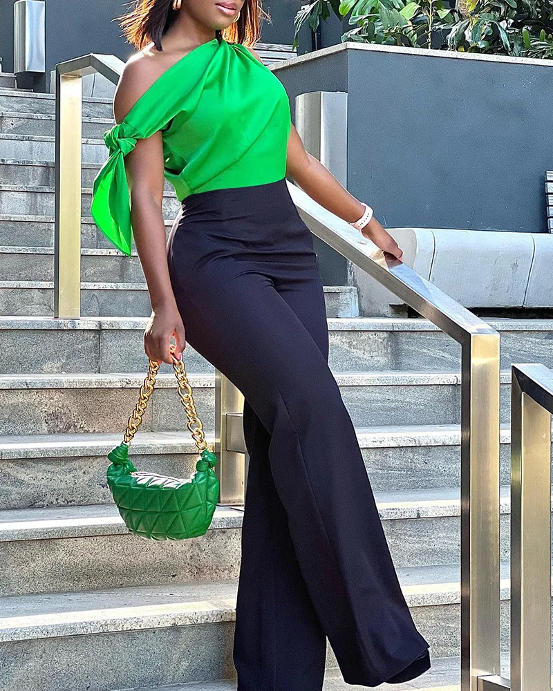 

Tied Detail Wide Leg Jumpsuit Women Summer Spring Patchwork Color High Waist Loose Overall Pants Jumpsuits