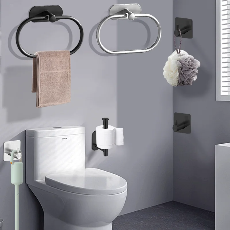 Stainless Steel Towel Holder Black Silver Toilet Roll Holder Waterproof Rust-proof Kitchen Bathroom Towels Rack Without Drilling Towel Rack