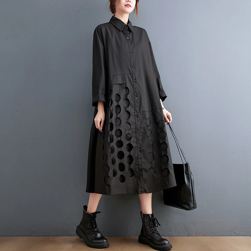 

Japanese Style Patchwork Hole Street Fashion Dark Black Autumn Blouse Dress Office Lady Work Dress Women Casual Spring Dress