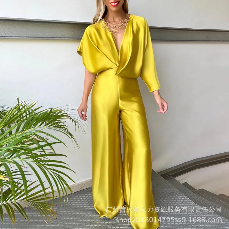 

Women's Rompers 2023 Yellow Satin Asymmetric Bat Sleeves Waist Wrapped Jumpsuit for Women