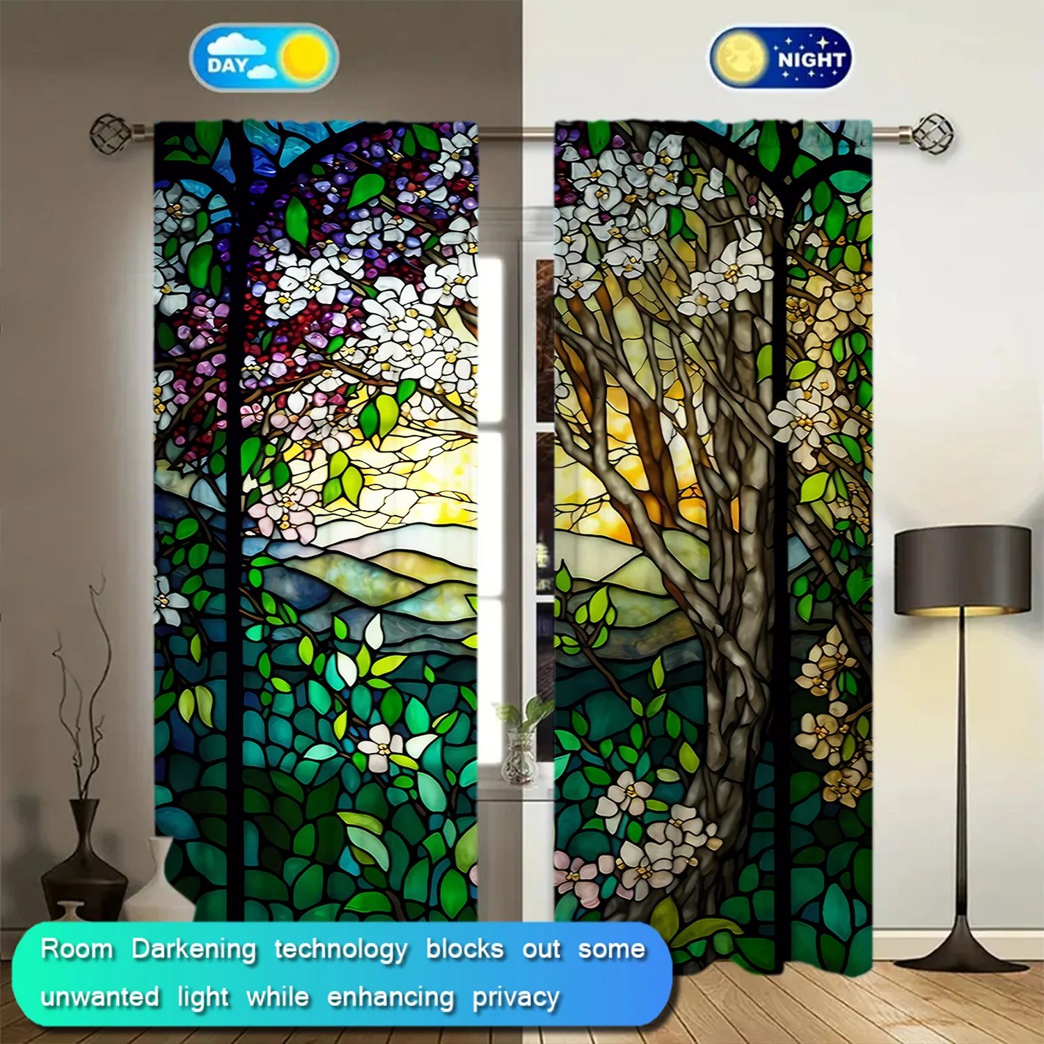 2pcs tained Glass Tree Window Printed Curtain for Home Decor - Rod Pocket Window Treatment for Bedroom, Office, Kitchen 4