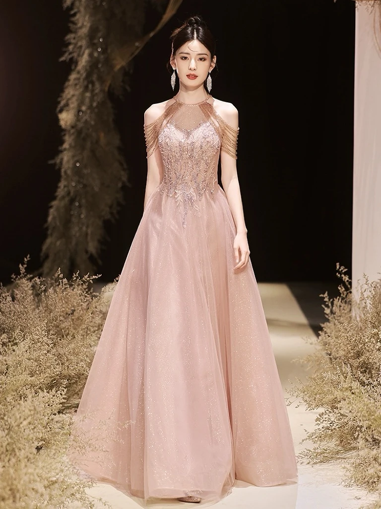 

Pink Halter Bridesmaid Dresses Sequins Applique Tassel Beading Lace Embroidery Floor Length A-line Wedding Evening Gowns 2024