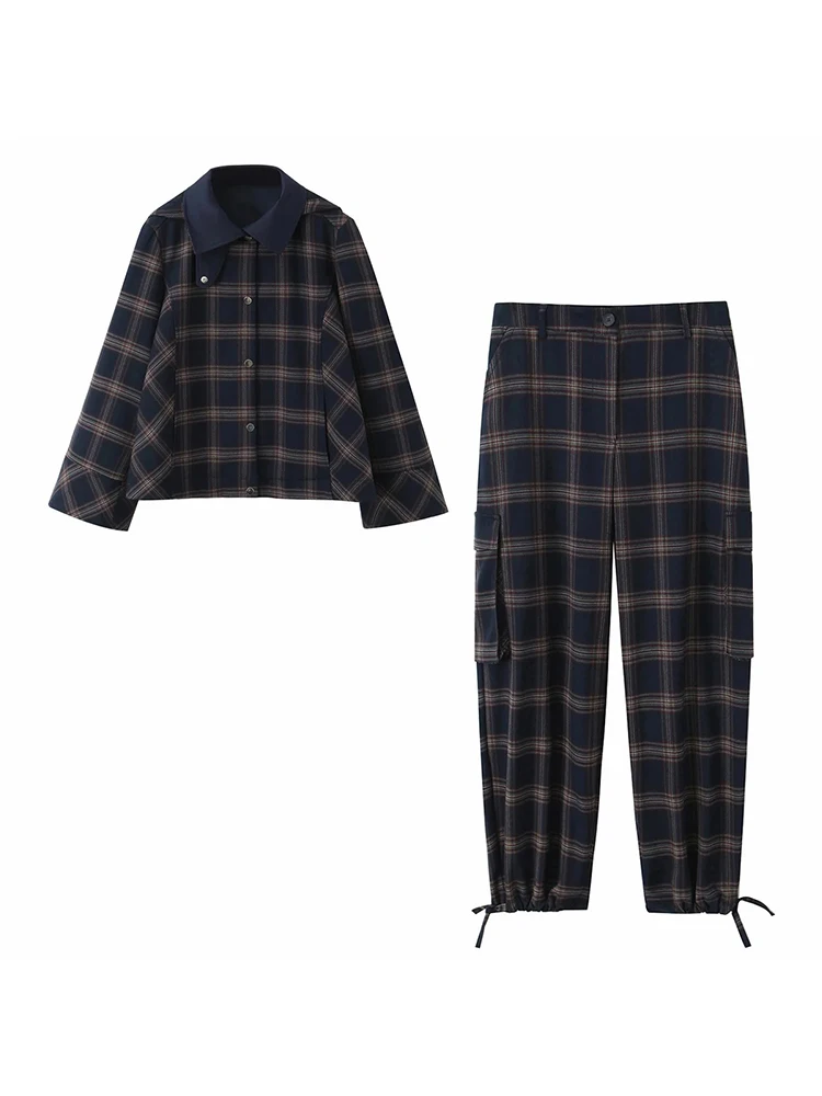 Women New Casual Chic Suit Checkered Hooded Jacket Loose Lantern Workwear Pants Fashion Autumn Winter Suits - 2