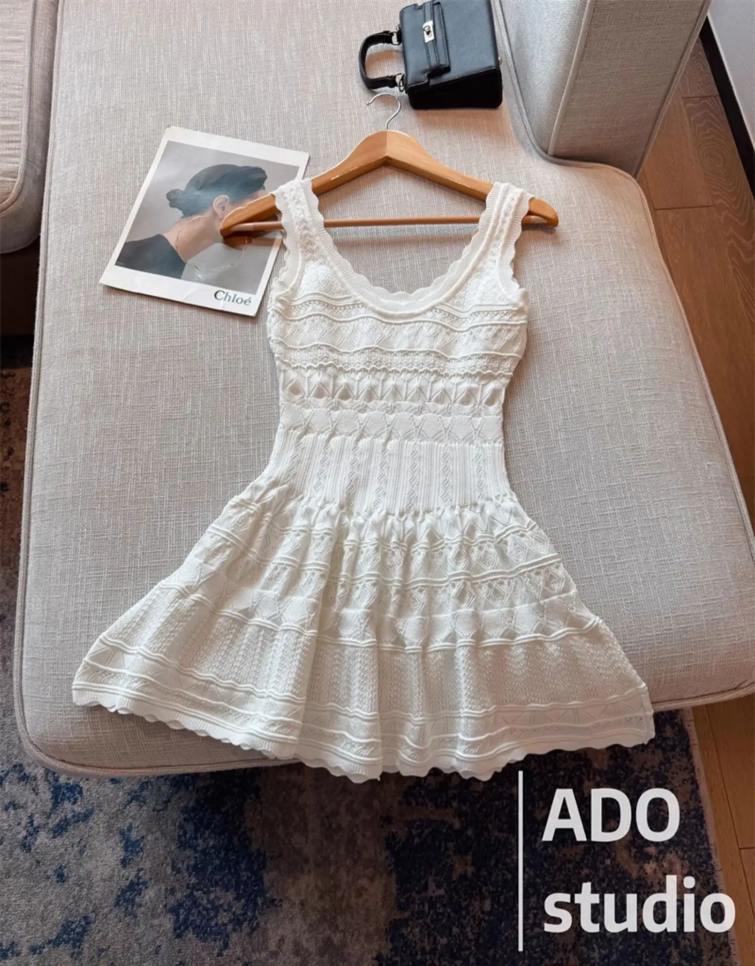 Korobov Solid Color Sweet A-line Dresses Ruffled Knitted Vest Dress for Women Summer French Style Hollow Short Skirt