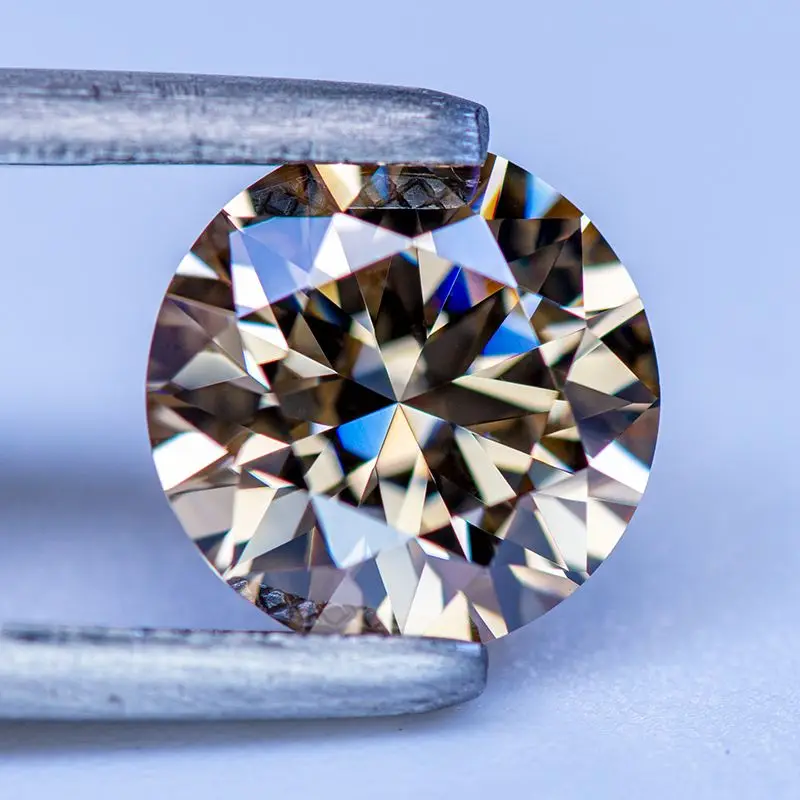Moissanite Stone Primary Color Champagne Round Cut 8 Hearts & Arrows Lab Grown Gemstone Pass Diamond Tester with GRA Certificate