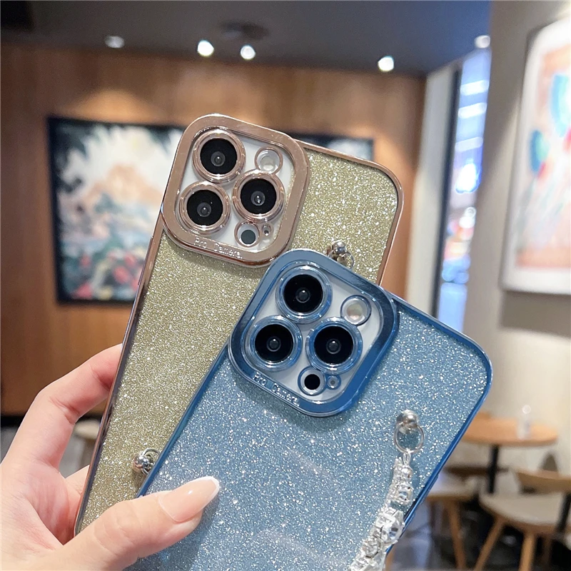 Pro Max Flash Diamond Bracelet Chain Plating Phone Case For iPhone 11 12 13 14 15 Plus Rhinestone Cover_voghion.com