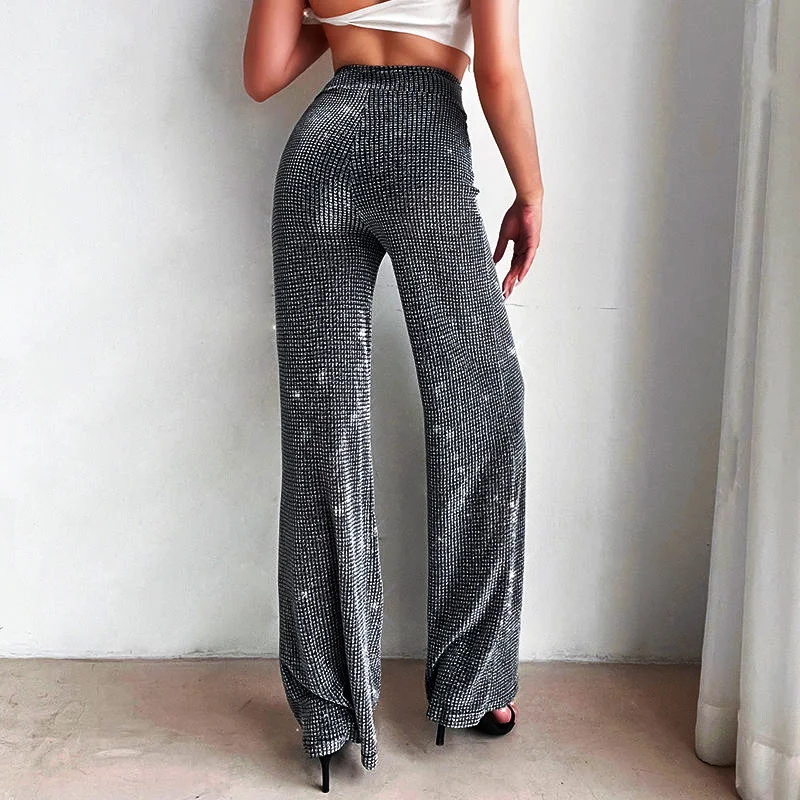 

2022 Sequin Glitter Spring Women High Waist Party Club Pants Vintage Harajuku Y2K Shiny Silver Trousers