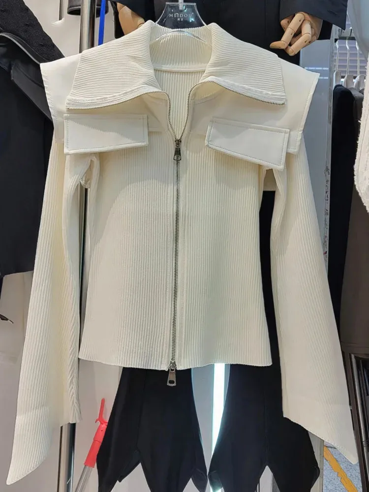 

NICEWOMEN Car Storm Leather Patch Work Flip Collar Cardigan Women's Long Sleeved Elastic Zipper Sweater Coat 2023 Autumn AH226