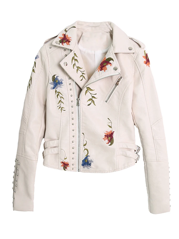 Ftlzz Women Floral Print Embroidery Faux Soft Leather Jacket