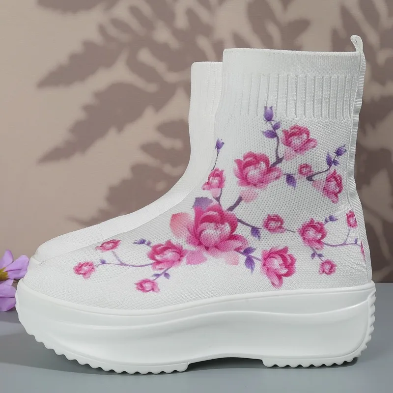Women's Shoes 2023 High Quality Slip-on Women's Boots Fashion Printing Casual Boots Women New Round Toe Stretch Boots Platform