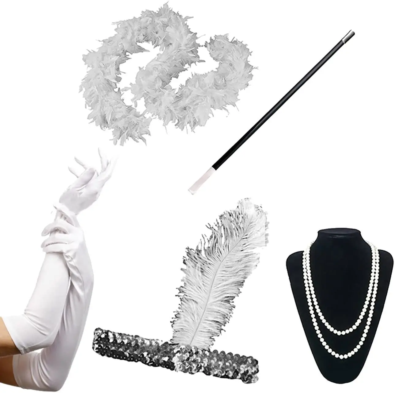 

Женский набор из 5 предметов в стиле 1920-х, белый набор аксессуаров для девушек, ожерелье с повязкой на голову 20-х годов, шарф с перьями и перчатки, комплект 20