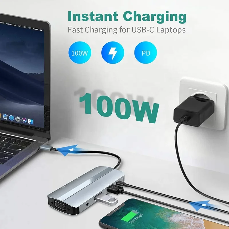 8 in 1 멀티포트 USB-C 허브 USB C 타입 C to 4K HD HDMI VGA USB 3.0 도킹 스테이션 허브 어댑터 (노트북용)