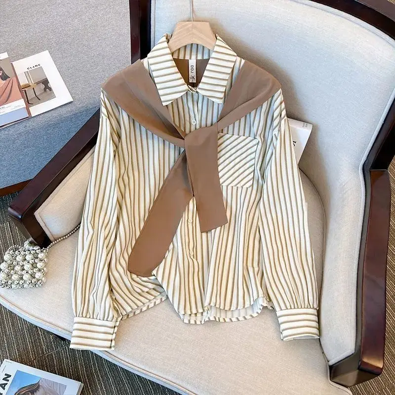 Spring Autumn New Fake Two Piece Lacing Shirt Top Polo Neck Long Sleeve Loose Striped Blouse Fashion Casual Women Clothing