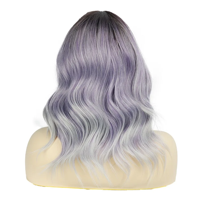 Fashion short curl synthetic wig female front lace gradient purple curly hair daily use full head set natural heat resistant wig