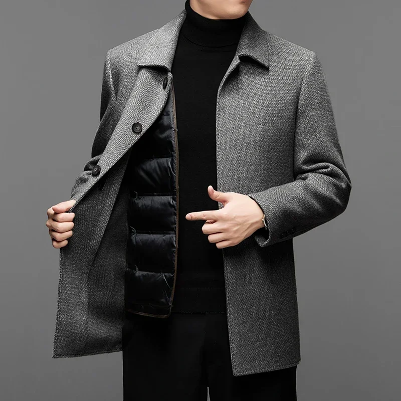 thumbnail image 1 of Abrigo de lana de doble cara de alta gama para otoño e invierno 2024, chaqueta de negocios cortavientos desmontable con forro de plumón para hombre, 1 of 5