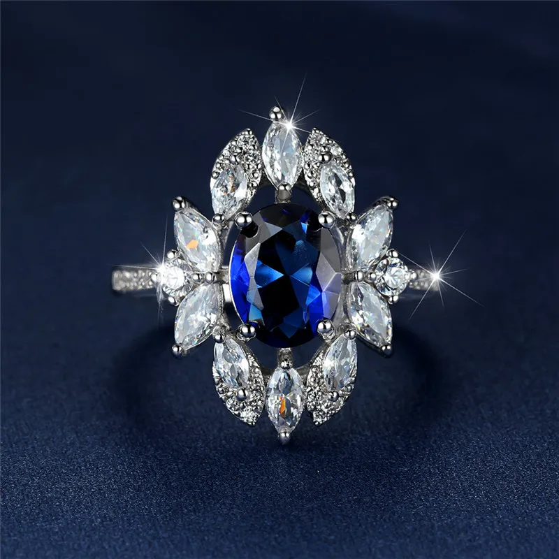 Luxury Female Blue Stone Ring Classic Silver Color Oval Engagement Ring