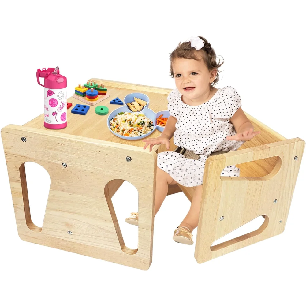 Weaning Table and Chair Solid Wood Toddler Table and Chair Set 2 Level Height, Cube Chairs for Toddlers outdoor portable table chair set solid wood folding table wooden balcony leisure table chair
