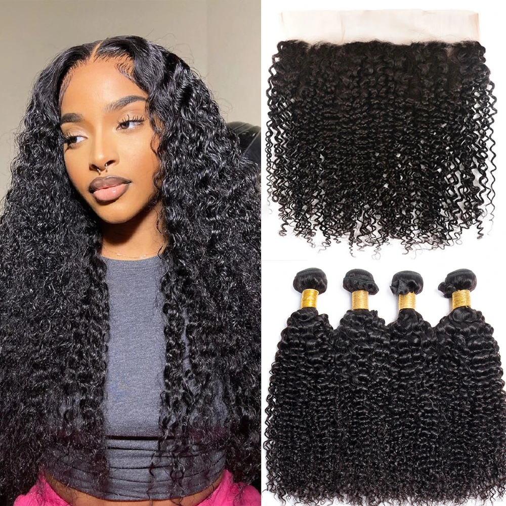 

10A Mongolian Afro Kinky Curly 3 Bundles With Closure Remy Human Hair Bundles With Closure Deep Curly Weave Bundles Hair