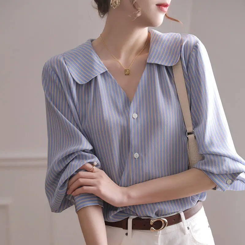Fashion V-Neck Button Autumn New Striped Shirt Loose Casual Tops Long Sleeve Commute Women's Clothing Printed All-match Blouses